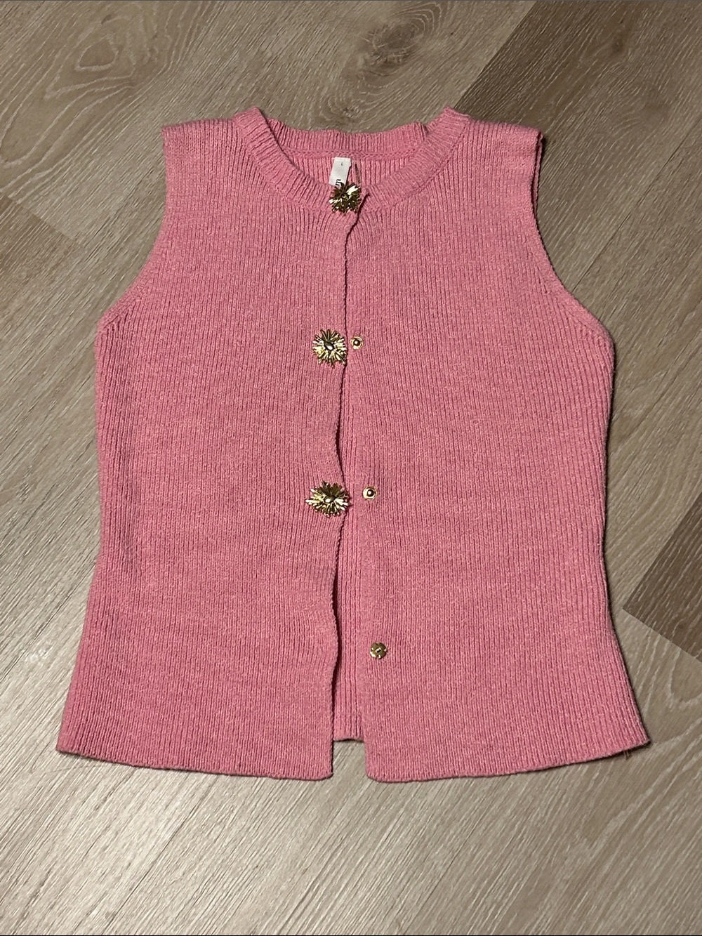 Glam Gold Starburst Button Knit Open Front Sleeveless Cardigan Sz Large